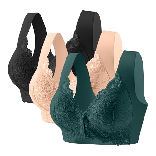 KODMNSW 3er Pack BH Damen Ohne Bügel Vorne Vershcluss Spitze Push Up BHS Große Brüste Starker Halt Bra Bequem Damen-BHS Bügelloser Klassischer BH Seamless Nahtloser Vollschalen Bustier Beige XXL von KODMNSW