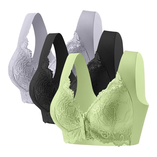 KODMNSW 3er Pack BH Damen Ohne Bügel Vorne Vershcluss Spitze Push Up BHS Große Brüste Starker Halt Bra Bequem Damen-BHS Bügelloser Klassischer BH Seamless Nahtloser Vollschalen Bustier Grau XXL von KODMNSW