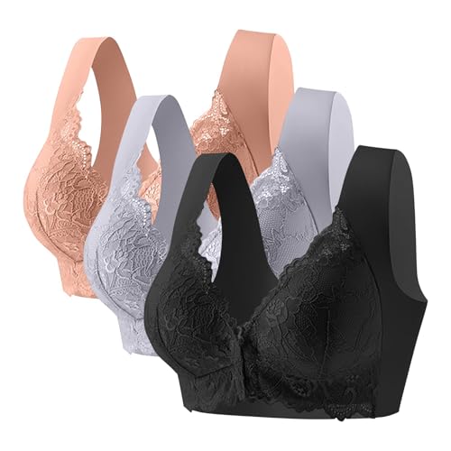 KODMNSW 3er Pack BH Damen Ohne Bügel Vorne Vershcluss Spitze Push Up BHS Große Brüste Starker Halt Bra Bequem Damen-BHS Bügelloser Klassischer BH Seamless Nahtloser Vollschalen Bustier Kaffee L von KODMNSW