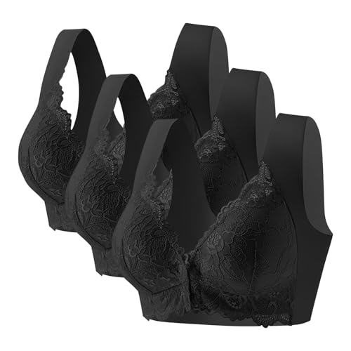 KODMNSW 3er Pack BH Damen Ohne Bügel Vorne Vershcluss Spitze Push Up BHS Große Brüste Starker Halt Bra Bequem Damen-BHS Bügelloser Klassischer BH Seamless Nahtloser Vollschalen Bustier Schwarz M von KODMNSW