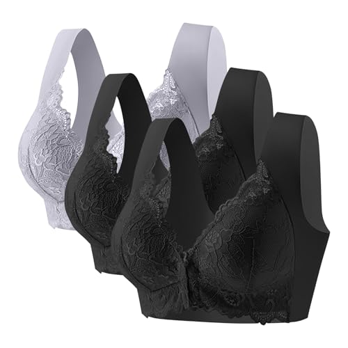 KODMNSW 3er Pack BH Damen Ohne Bügel Vorne Vershcluss Spitze Push Up BHS Große Brüste Starker Halt Bra Bequem Damen-BHS Bügelloser Klassischer BH Seamless Nahtloser Vollschalen Bustier Schwarz XL von KODMNSW