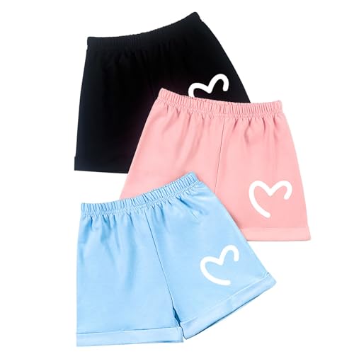 KODMNSW 3er Pack Mädchen Shorts Kurz Sporthose Sommer Casual Kurze Hose Hot Pants Dünn Sommerhosen Liebe-Print Niedlich Strand Shorts Radlerhose Turnhose 4-10 Jahre Mehrfarbig 9 Jahre von KODMNSW