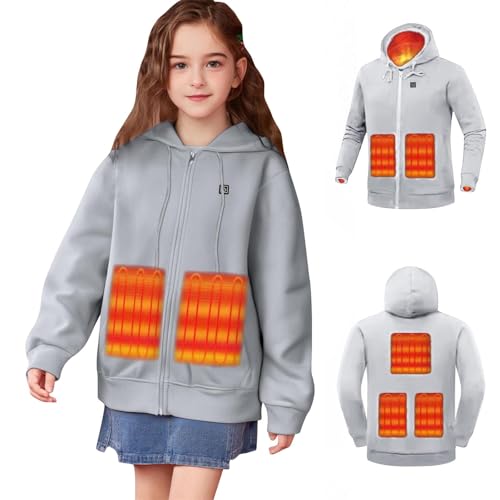 KODMNSW Beheizbare Kapuzenpullover Kinder Hoodie Sweatjacke Heizung Temperaturstufen Funktionsjacke Winterjacke Sweatshirt Beheizte Kleidung für Jungen Mädchen Grau 160 von KODMNSW