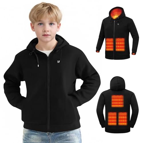 KODMNSW Beheizbare Kapuzenpullover Kinder Hoodie Sweatjacke Heizung Temperaturstufen Funktionsjacke Winterjacke Sweatshirt Beheizte Kleidung für Jungen Mädchen Schwarz 150 von KODMNSW