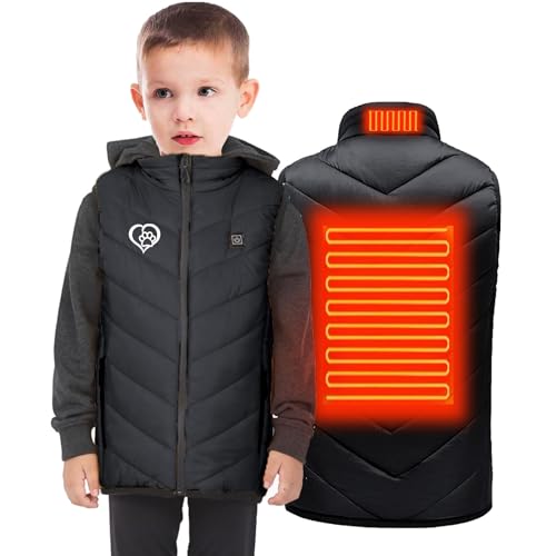 KODMNSW Beheizbare Weste Kinder Heizweste USB Elektrische Wärmeweste mit 3 Einstellbar Temperatur Steppweste Wasserschutz (Ohne Powerbank) Winter Outdoor Beheizbare Jacke Schwarz 13 Jahre von KODMNSW