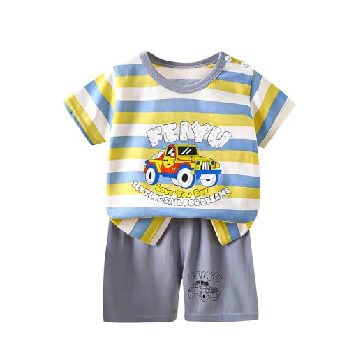 KODMNSW Bekleidungssets für Jungen Sommer Kleidung Outfit 2-tlg Gr.73-130 Cartoon Print Kurzarm Tshirt Tops & Casual Shorts Sportbekleidung Jogginganzug Kinderkleidung Gelb 130 von KODMNSW