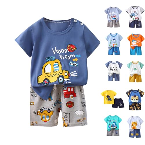 KODMNSW Bekleidungssets für Jungen Sommer Kleidung Outfit 2-tlg Gr.73-130 Cartoon Print Kurzarm Tshirt Tops & Casual Shorts Sportbekleidung Jogginganzug Kinderkleidung Marine 130 von KODMNSW