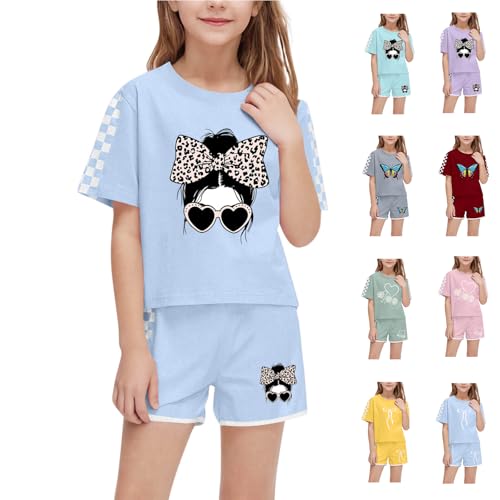 KODMNSW Bekleidungssets für Mädchen Sommer Kleidung Kurzarm Tshirt Tops mit Shorts Outfits Sportbekleidung Jogginganzug 2-teilig Kinderanzüge Mode Zweiteilig Himmelblau 120 von KODMNSW