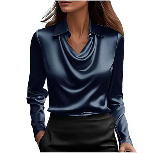 KODMNSW Blusen Damen Satin Bluse Elegante Oberteile Langarm Shirts Festliche Blusen Elegant Seidig Shirt Hemdbluse Arbeitshemd Seiden Business Blusenshirt Lässiges Langarmshirt Dunkelblau XL von KODMNSW