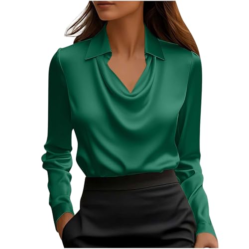 KODMNSW Blusen Damen Satin Bluse Elegante Oberteile Langarm Shirts Festliche Blusen Elegant Seidig Shirt Hemdbluse Arbeitshemd Seiden Business Blusenshirt Lässiges Langarmshirt Grün L von KODMNSW