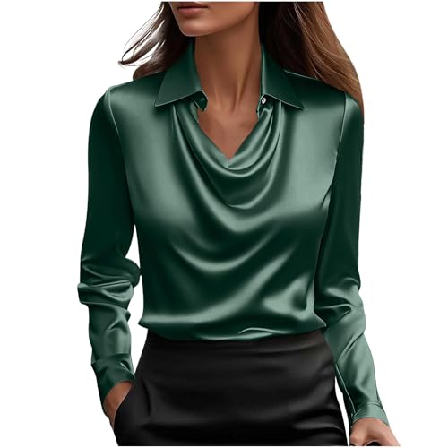KODMNSW Blusen Damen Satin Bluse Elegante Oberteile Langarm Shirts Festliche Blusen Elegant Seidig Shirt Hemdbluse Arbeitshemd Seiden Business Blusenshirt Lässiges Langarmshirt Grün S von KODMNSW