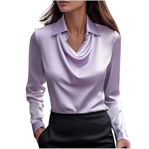 KODMNSW Blusen Damen Satin Bluse Elegante Oberteile Langarm Shirts Festliche Blusen Elegant Seidig Shirt Hemdbluse Arbeitshemd Seiden Business Blusenshirt Lässiges Langarmshirt Lila XL von KODMNSW