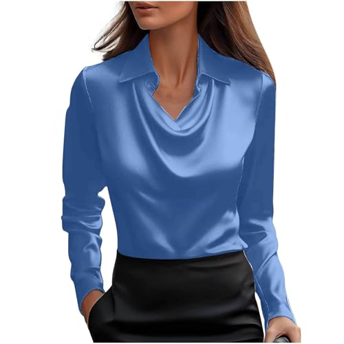 KODMNSW Blusen Damen Satin Bluse Elegante Oberteile Langarm Shirts Festliche Blusen Elegant Seidig Shirt Hemdbluse Arbeitshemd Seiden Business Blusenshirt Lässiges Langarmshirt Marine 3XL von KODMNSW
