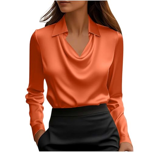KODMNSW Blusen Damen Satin Bluse Elegante Oberteile Langarm Shirts Festliche Blusen Elegant Seidig Shirt Hemdbluse Arbeitshemd Seiden Business Blusenshirt Lässiges Langarmshirt Orange M von KODMNSW
