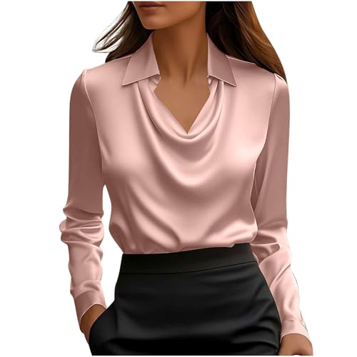 KODMNSW Blusen Damen Satin Bluse Elegante Oberteile Langarm Shirts Festliche Blusen Elegant Seidig Shirt Hemdbluse Arbeitshemd Seiden Business Blusenshirt Lässiges Langarmshirt Rosa M von KODMNSW