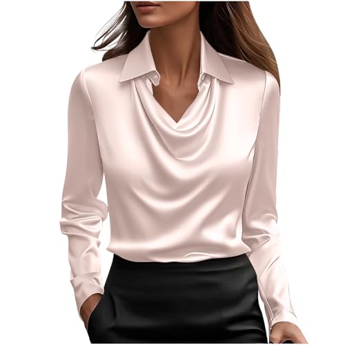 KODMNSW Blusen Damen Satin Bluse Elegante Oberteile Langarm Shirts Festliche Blusen Elegant Seidig Shirt Hemdbluse Arbeitshemd Seiden Business Blusenshirt Lässiges Langarmshirt Rosa M von KODMNSW