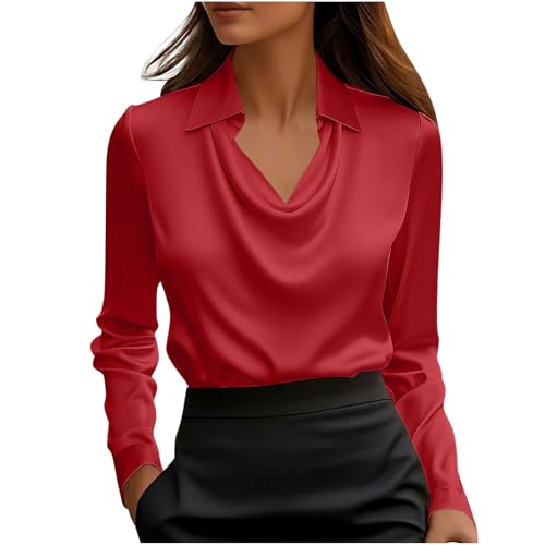 KODMNSW Blusen Damen Satin Bluse Elegante Oberteile Langarm Shirts Festliche Blusen Elegant Seidig Shirt Hemdbluse Arbeitshemd Seiden Business Blusenshirt Lässiges Langarmshirt Rot M von KODMNSW