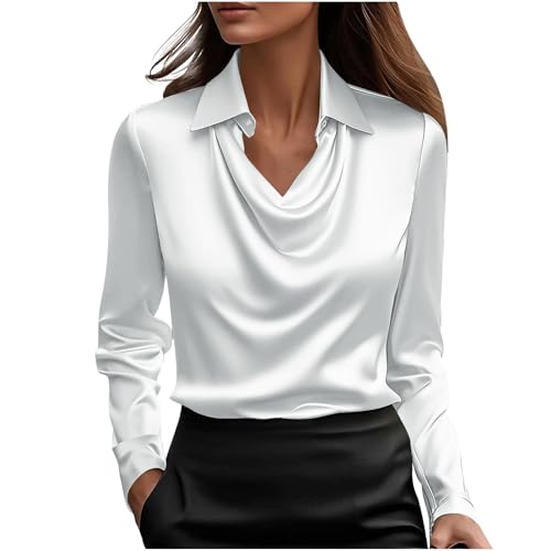 KODMNSW Blusen Damen Satin Bluse Elegante Oberteile Langarm Shirts Festliche Blusen Elegant Seidig Shirt Hemdbluse Arbeitshemd Seiden Business Blusenshirt Lässiges Langarmshirt Weiß S von KODMNSW