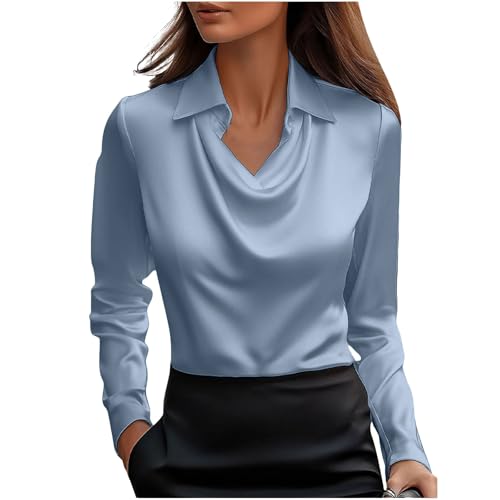 KODMNSW Blusen Damen Satin Bluse Elegante Oberteile Langarm Shirts Festliche Blusen Elegant Seidig Shirt Hemdbluse Arbeitshemd Seiden Business Blusenshirt Lässiges Langarmshirt Blau M von KODMNSW