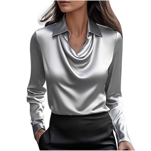 KODMNSW Blusen Damen Satin Bluse Elegante Oberteile Langarm Shirts Festliche Blusen Elegant Seidig Shirt Hemdbluse Arbeitshemd Seiden Business Blusenshirt Langarmshirt Grau XXL von KODMNSW