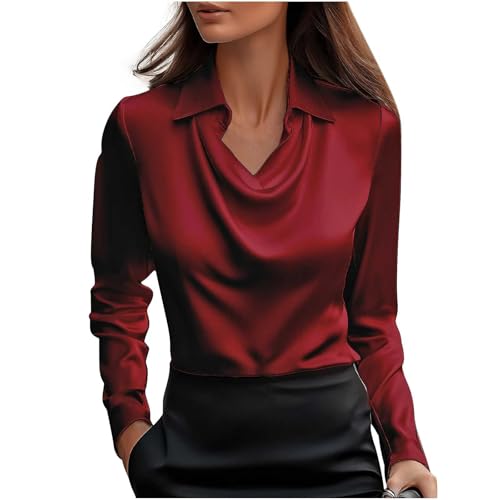 KODMNSW Blusen Damen Satin Bluse Elegante Oberteile Langarm Shirts Festliche Blusen Elegant Seidig Shirt Hemdbluse Arbeitshemd Seiden Business Blusenshirt Lässiges Langarmshirt Rot M von KODMNSW