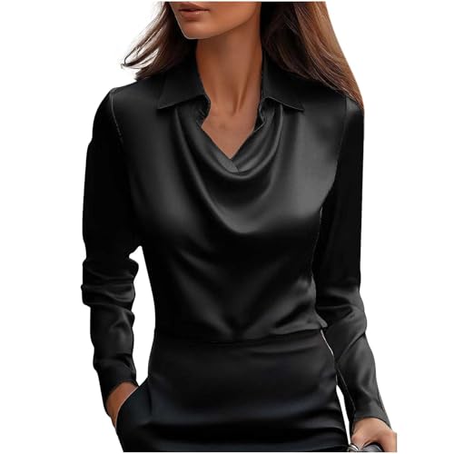 KODMNSW Blusen Damen Satin Bluse Elegante Oberteile Langarm Shirts Festliche Blusen Elegant Seidig Shirt Hemdbluse Arbeitshemd Seiden Business Blusenshirt Lässiges Langarmshirt Schwarz XL von KODMNSW