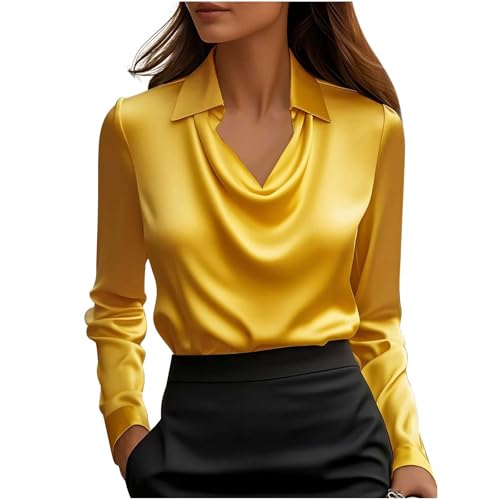 KODMNSW Blusen Damen Satin Bluse Elegante Oberteile Langarm Shirts Festliche Blusen Elegant Seidig Shirt Hemdbluse Arbeitshemd Seiden Business Blusenshirt Langarmshirt Gelb L von KODMNSW