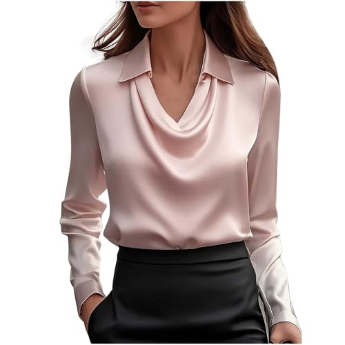 KODMNSW Blusen Damen Satin Bluse Elegante Oberteile Langarm Shirts Festliche Blusen Elegant Seidig Shirt Hemdbluse Arbeitshemd Seiden Business Blusenshirt Lässiges Langarmshirt Rosa S von KODMNSW