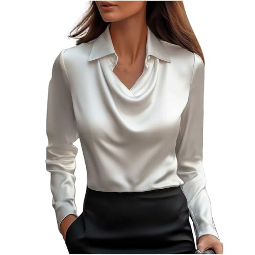 KODMNSW Blusen Damen Satin Bluse Elegante Oberteile Langarm Shirts Festliche Blusen Elegant Seidig Shirt Hemdbluse Arbeitshemd Seiden Business Blusenshirt Lässiges Langarmshirt Weiß XXL von KODMNSW