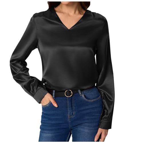 KODMNSW Blusen Damen Satin Bluse V-Ausschnitt Elegante Oberteile Lässiges Langarmshirt Mode Business Shirt Einfarbig Leicht Atmungsaktiv Hemden Blusenshirt Frauen Kleidung Schwarz XXL von KODMNSW