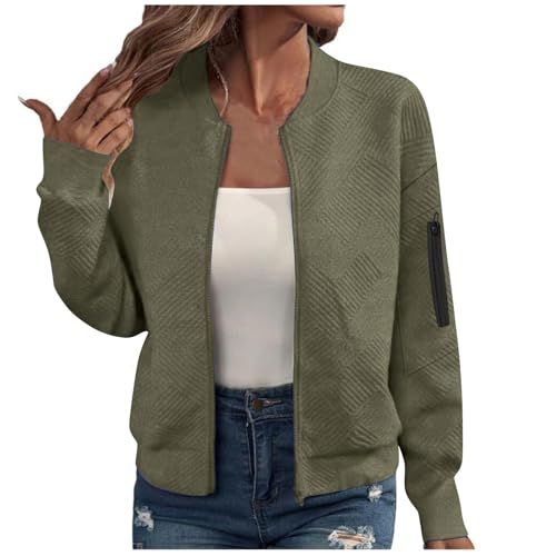 KODMNSW Bomberjacke Damen Pilotenjacke aus Jacquard Sweatjacke Ohne Kapuze Damenjacken für den Übergang Einfarbig College Jacket Zipper Jacke Damen-Jacken Blouson Sommerjacke Armeegrün XL von KODMNSW