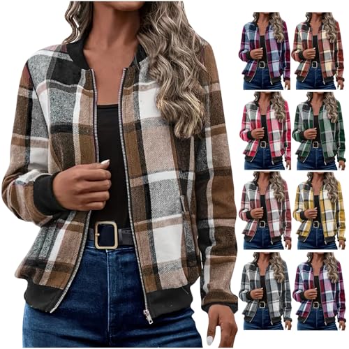 KODMNSW Bomberjacke Damen Sweatjacke Ohne Kapuze Karierte Jacke Damenjacken für den Übergang Pilotenjacke Zipper Jacke Damen-Jacken College Jacket Teenager Mädchen Karojacke Braun XL von KODMNSW