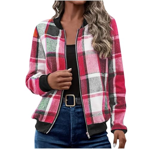 KODMNSW Bomberjacke Damen Sweatjacke Ohne Kapuze Karierte Jacke Damenjacken für den Übergang Pilotenjacke Zipper Jacke Damen-Jacken College Jacket Teenager Mädchen Karojacke Pink XXL von KODMNSW