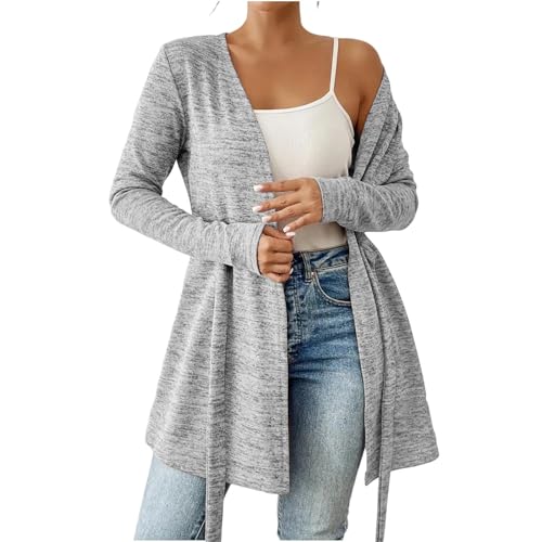 KODMNSW Cardigan Damen Lang Langarm Strickjacke mit Verband Locker Casual übergangsjacke Leichte Strickjacken Weich Feinstrickjacke Strickmantel Damenstrickjacke Dünnejacke Grau XL von KODMNSW