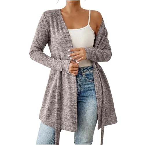 KODMNSW Cardigan Damen Lang Langarm Strickjacke mit Verband Locker Casual übergangsjacke Leichte Strickjacken Weich Feinstrickjacke Strickmantel Damenstrickjacke Dünnejacke Khaki XXL von KODMNSW