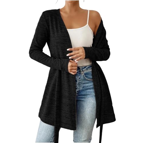 KODMNSW Cardigan Damen Lang Langarm Strickjacke mit Verband Locker Casual übergangsjacke Leichte Strickjacken Weich Feinstrickjacke Strickmantel Damenstrickjacke Dünnejacke Schwarz M von KODMNSW