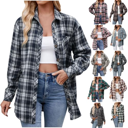 KODMNSW Damen Karierte Bluse Hemdbluse Oktoberfest Trachtenbluse HolzfäLlerhemd Locker Casual Hemdjacke Hemdcardigan mit Knöpfen Karohemd Freizeithemd Trachtenhemd Übergangsjacke S-XXL Marine S von KODMNSW
