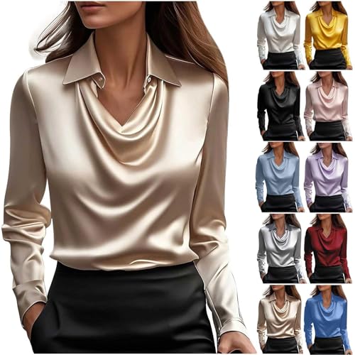 KODMNSW Damen Satin Bluse Elegante Oberteile Blusen Langarm Shirts Festliche Blusen Elegant Seidig Shirt Hemdbluse Arbeitshemd Seiden Business Blusenshirt Lässiges Langarmshirt Gold S von KODMNSW