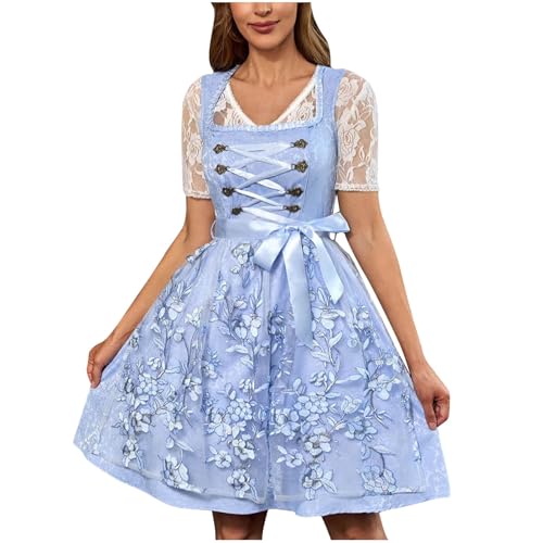 KODMNSW Damen Trachtenkleid Dirndl Midi Dirndlkleid (Nicht Dirndlbluse) Ärmellos Quadratischer Ausschnitt Festliche Kleider mit Spitze Bayern Trachtenmode Kostüm für Oktoberfest Blau S von KODMNSW