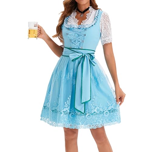 KODMNSW Dirndl Damen midi Trachtenkleid 3 teilig inkl Dirndlkleid Dirndlbluse Dirndlschürze Trachtenmode Trachtenrock Germandress Trachten Kleid für Oktoberfest Besondere Anlässe Hellblau M von KODMNSW