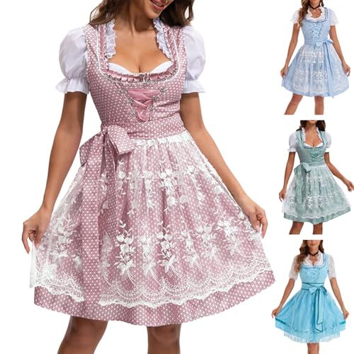 KODMNSW Dirndl Damen midi Trachtenkleid 3 teilig inkl Dirndlkleid Dirndlbluse Dirndlschürze Trachtenmode Trachtenrock Germandress Trachten Kleid für Oktoberfest Besondere Anlässe Rosa M von KODMNSW