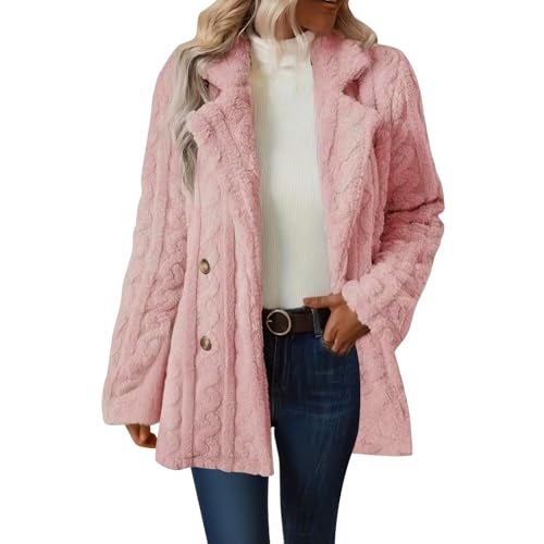 KODMNSW Fleecejacke Damen Lang Winterjacke V-Ausschnitt Teddyjacke Fleece Warm Wollmantel Fashion Teddyfleece Jacke Dufflecoat Wintermantel Softshelljacke Fleecemantel Frau Winter Mantel Rosa XXL von KODMNSW