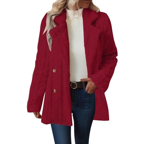 KODMNSW Fleecejacke Damen Lang Winterjacke V-Ausschnitt Teddyjacke Fleece Warm Wollmantel Fashion Teddyfleece Jacke Dufflecoat Wintermantel Softshelljacke Fleecemantel Frau Winter Mantel Rot XL von KODMNSW