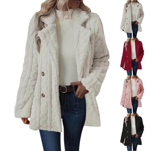 KODMNSW Fleecejacke Damen Lang Winterjacke V-Ausschnitt Teddyjacke Fleece Warm Wollmantel Fashion Teddyfleece Jacke Dufflecoat Wintermantel Softshelljacke Fleecemantel Frau Winter Mantel Weiß XXL von KODMNSW