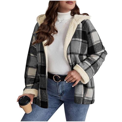KODMNSW Fleecejacke Damen Winterjacke Teddyjacke Retro Fleecemantel Warm Kapuzenjacke Teddyfleece Jacke Wollmantel Dufflecoat Wintermantel Fleecepullover Wollmantel Karierte Jacke Grau XL von KODMNSW