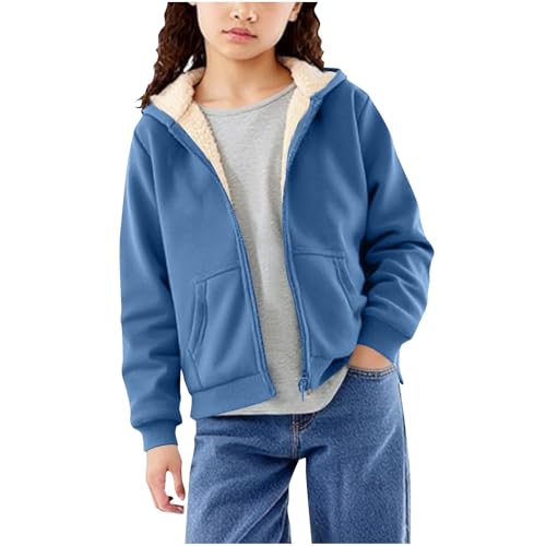 KODMNSW Fleecejacke Mädchen Winterjacke Fleece Sweatjacke Kapuzenjacke Teddyfleece Jacke Einfarbig Fleecepullover mit Reißverschluss Fleecemantel Wintermantel Kapuzenpullover Blau 12 Jahre von KODMNSW