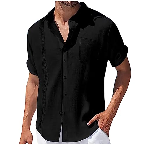 KODMNSW Hemd Herren Kurzarm Baumwolle Leinenhemd Sommer Modische Hemden Outdoor Freizeithemden Leichtes Sommerhemd Shirt Strandhemd Hawaii Hemd Männer Blitzangebote des Tages Schwarz M von KODMNSW