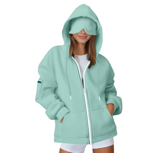 KODMNSW Hoodie Damen Kapuzenjacke mit integrierter Augenmaske Travel Hoodie Einfarbiger Sweatjacke Kuscheljacke Kapuzenpullover mit Reißverschluss Teenager Mädchen Sweatshirt Jacke Mintgrün M von KODMNSW