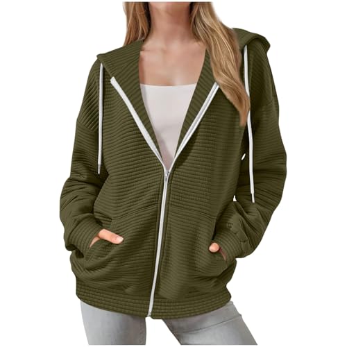 KODMNSW Hoodie Damen Sweatjacke Kapuzenjacke Zipper Jacke Mode Sweatshirt Jacke Wärme Kuscheljacke Herbst Winter Sport Mantel Oversize Pullover Teenager Mädchen Kapuzenpullover Armeegrün M von KODMNSW