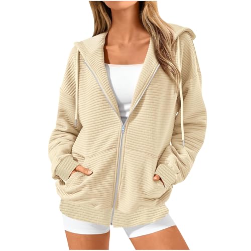 KODMNSW Hoodie Damen Sweatjacke Kapuzenjacke Zipper Jacke Mode Sweatshirt Jacke Wärme Kuscheljacke Herbst Winter Sport Mantel Oversize Pullover Teenager Mädchen Kapuzenpullover Beige XXL von KODMNSW